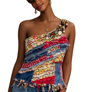 the kaleidoscope one shoulder assemblage top